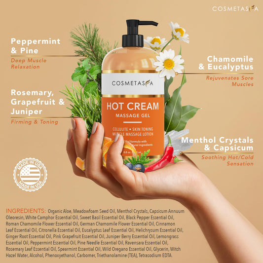 Cosmetasa anti-cellulite massage oil bottle highlighting nourishing skin and circulation