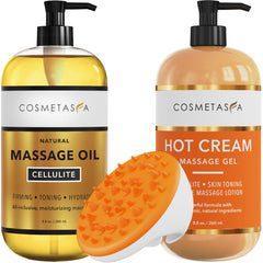 Cosmetasa hot-cream massage gel bottle illustrating warming sensation and cellulite care potential