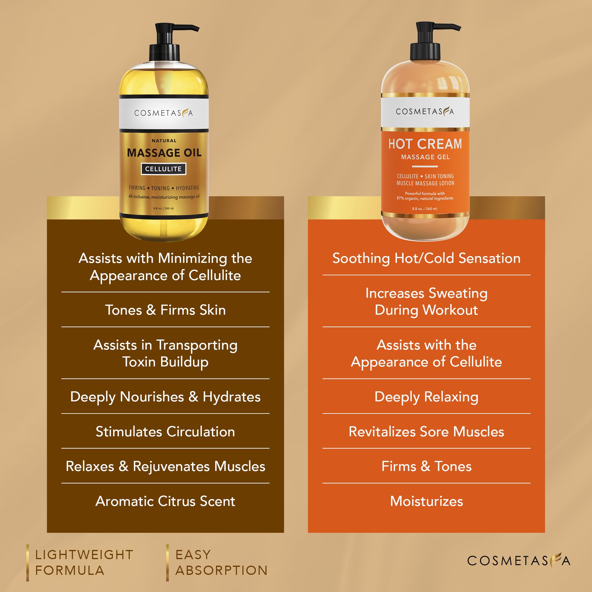 Cosmetasa massage oil setup demonstrating easy application and spa-quality home use