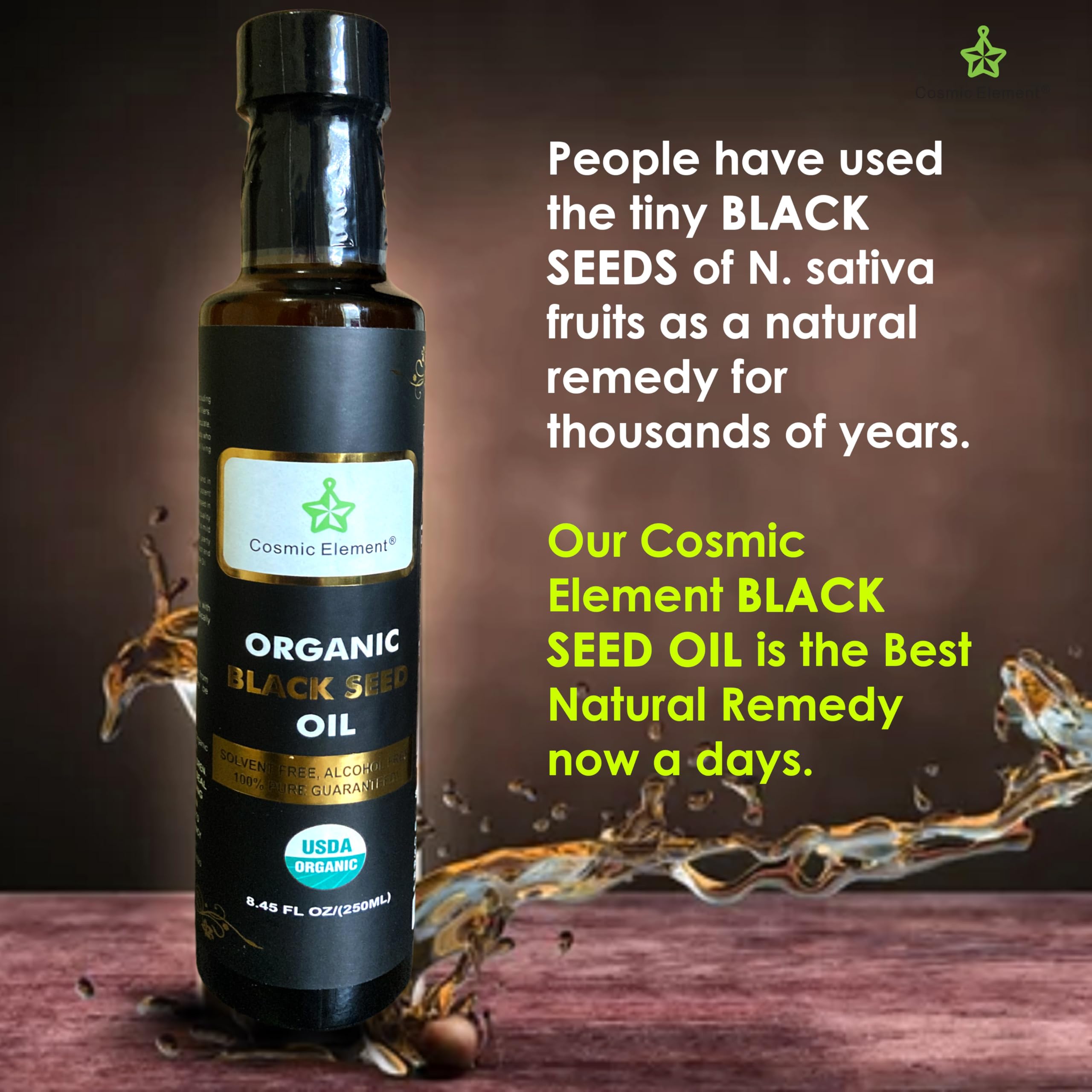 Cosmic Element cold pressed black seed oil bottle closeup shows pure organic Nigella sativa