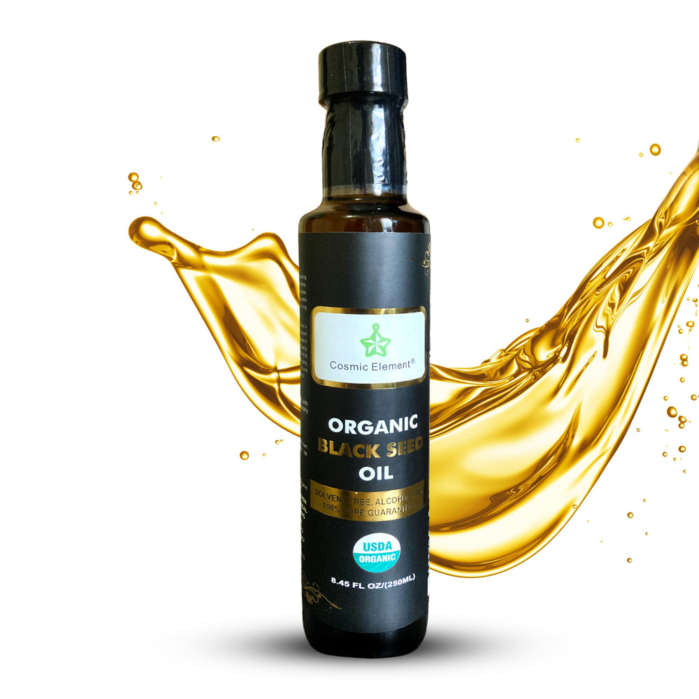 Cosmic Element cold pressed black seed oil bottle pour highlights premium omega 3-6-9 support