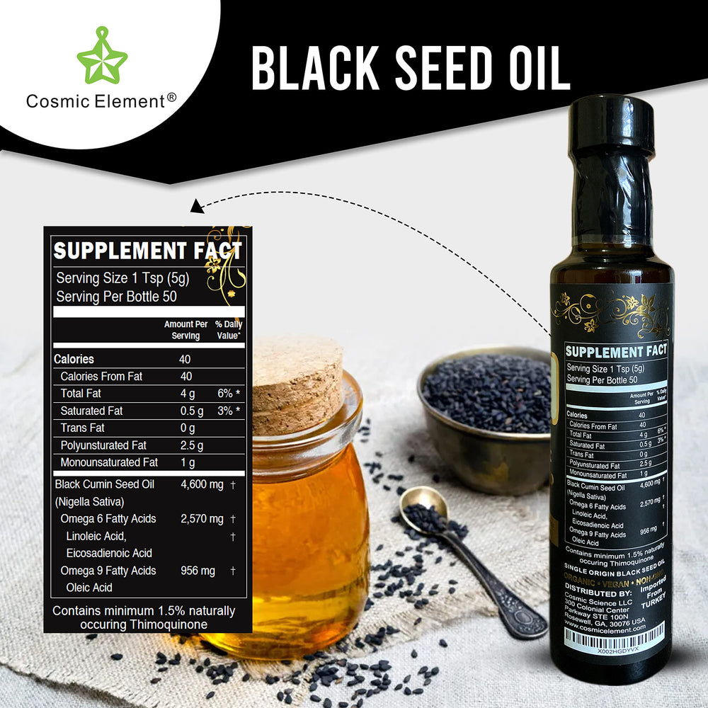Cosmic Element organic Turkish black seed oil ideal for hair and skin routines