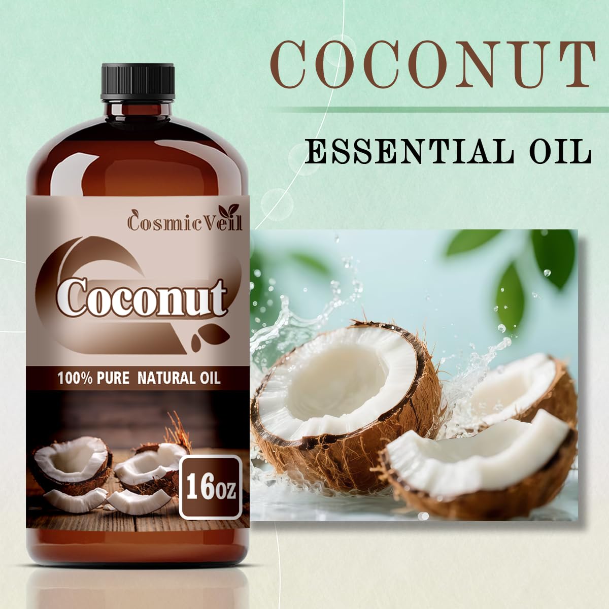 CosmicVeil Coconut Essential Oil in amber bottle preserves aroma and purity.