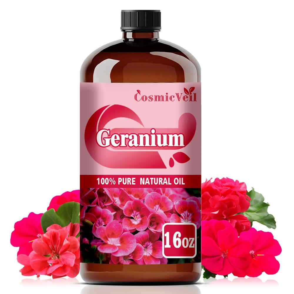 CosmicVeil Geranium essential oil bottle 16oz for aroma diffusion.