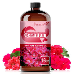 CosmicVeil Geranium essential oil bottle 16oz for aroma diffusion.