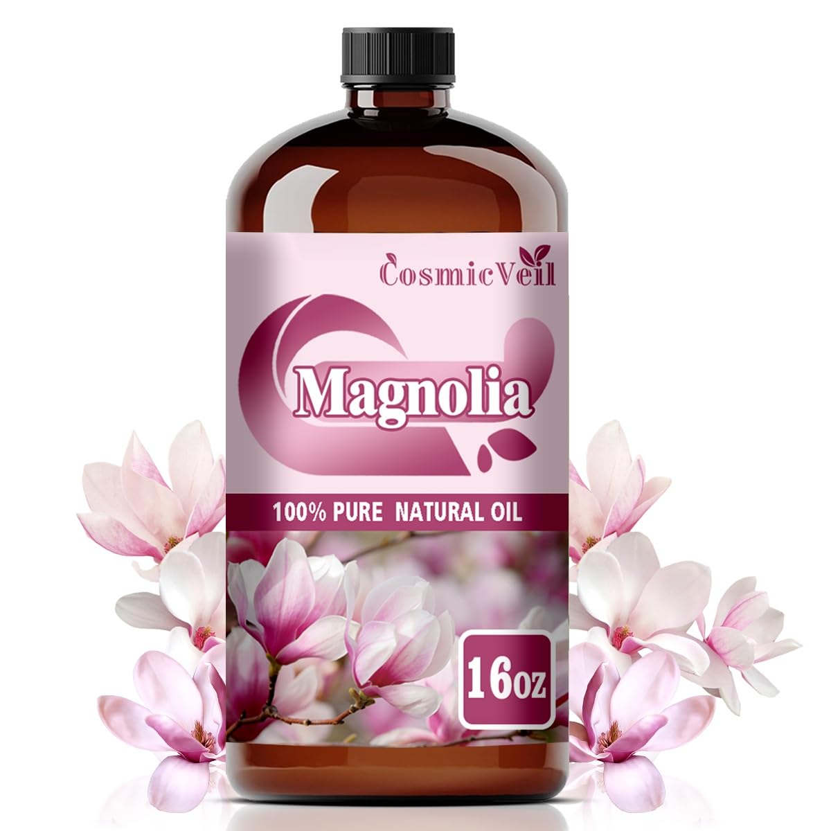 CosmicVeil Magnolia essential oil in amber bottle preserves purity for diffusers.