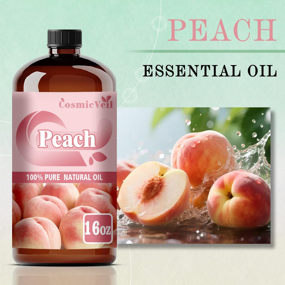 Drops of CosmicVeil Peach fragrance oil diffusing to create inviting ambience.