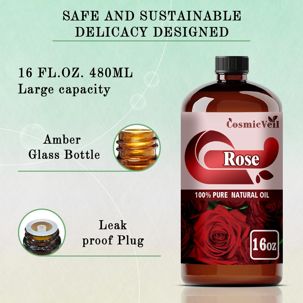 CosmicVeil Rose essential oil packaging with a gold-embossed gift box
