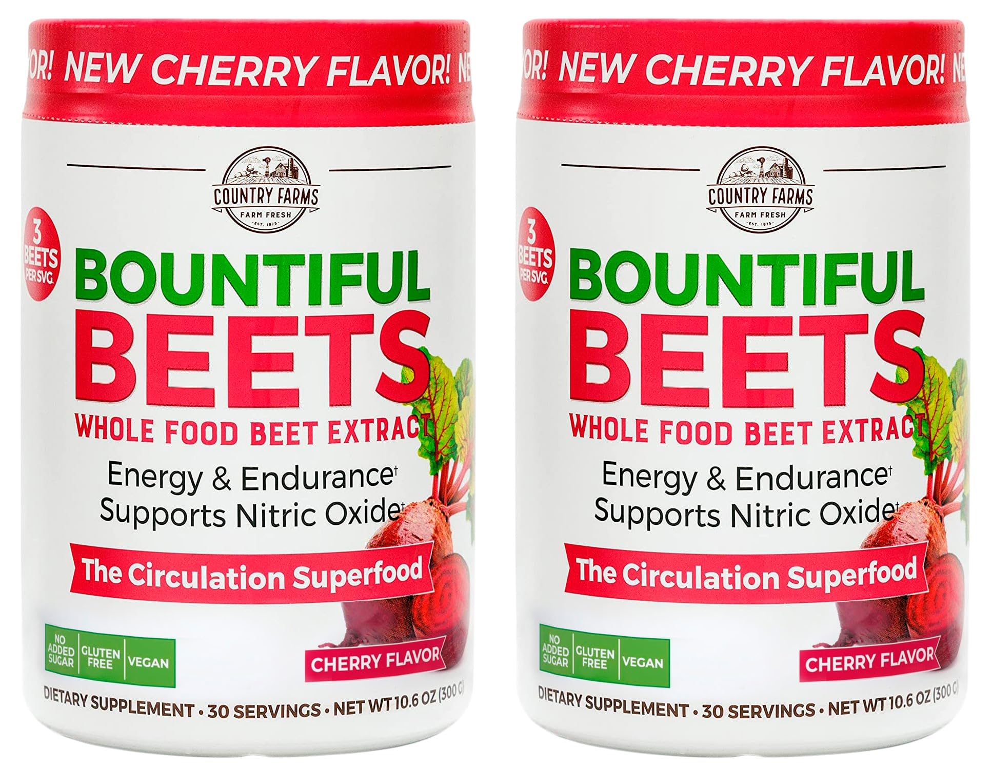 Country Farms Bountiful Beets Powder canister, side view, supports daily energy.