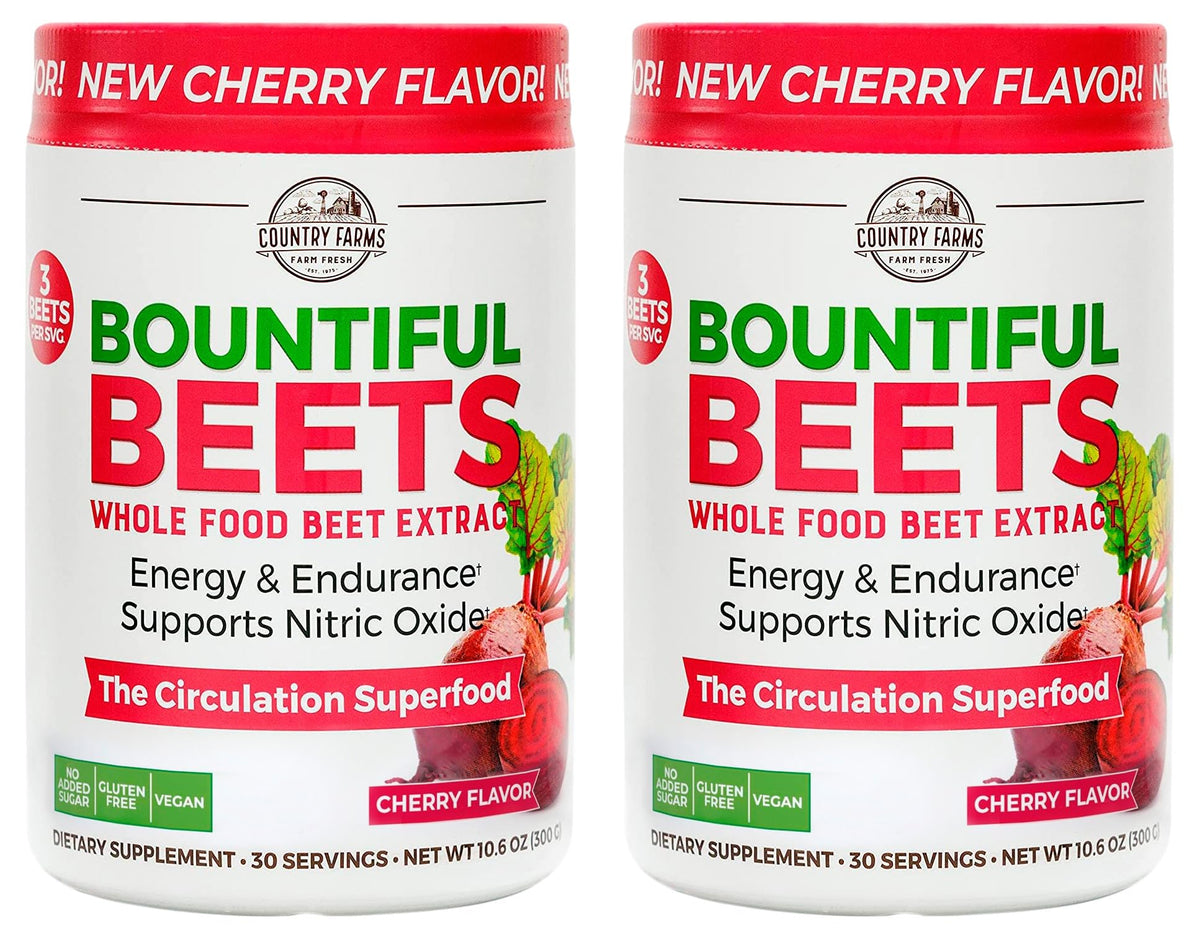 Country Farms Bountiful Beets Powder canister, side view, supports daily energy.