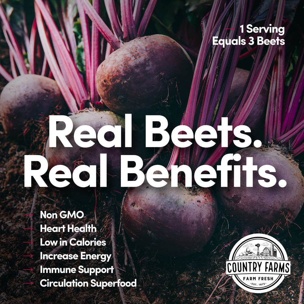 Country Farms Bountiful Beets Powder cherry flavor jar for smoothies.