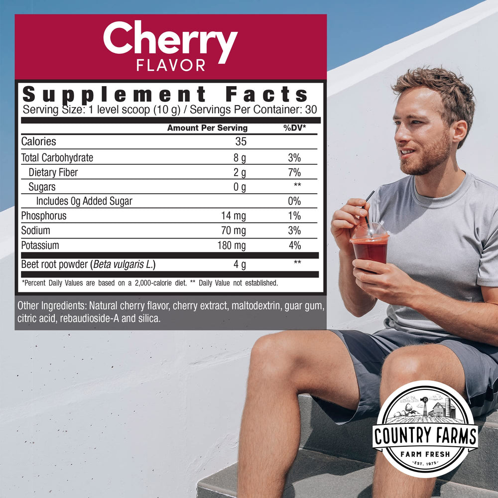 Country Farms Bountiful Beets Powder label closeup, cherry flavor and beet content.