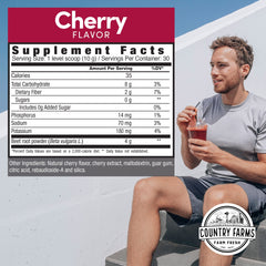 Country Farms Bountiful Beets Powder label closeup, cherry flavor and beet content.