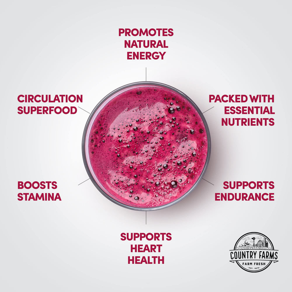 Country Farms Bountiful Beets Powder poured into glass for an easy energy boost.