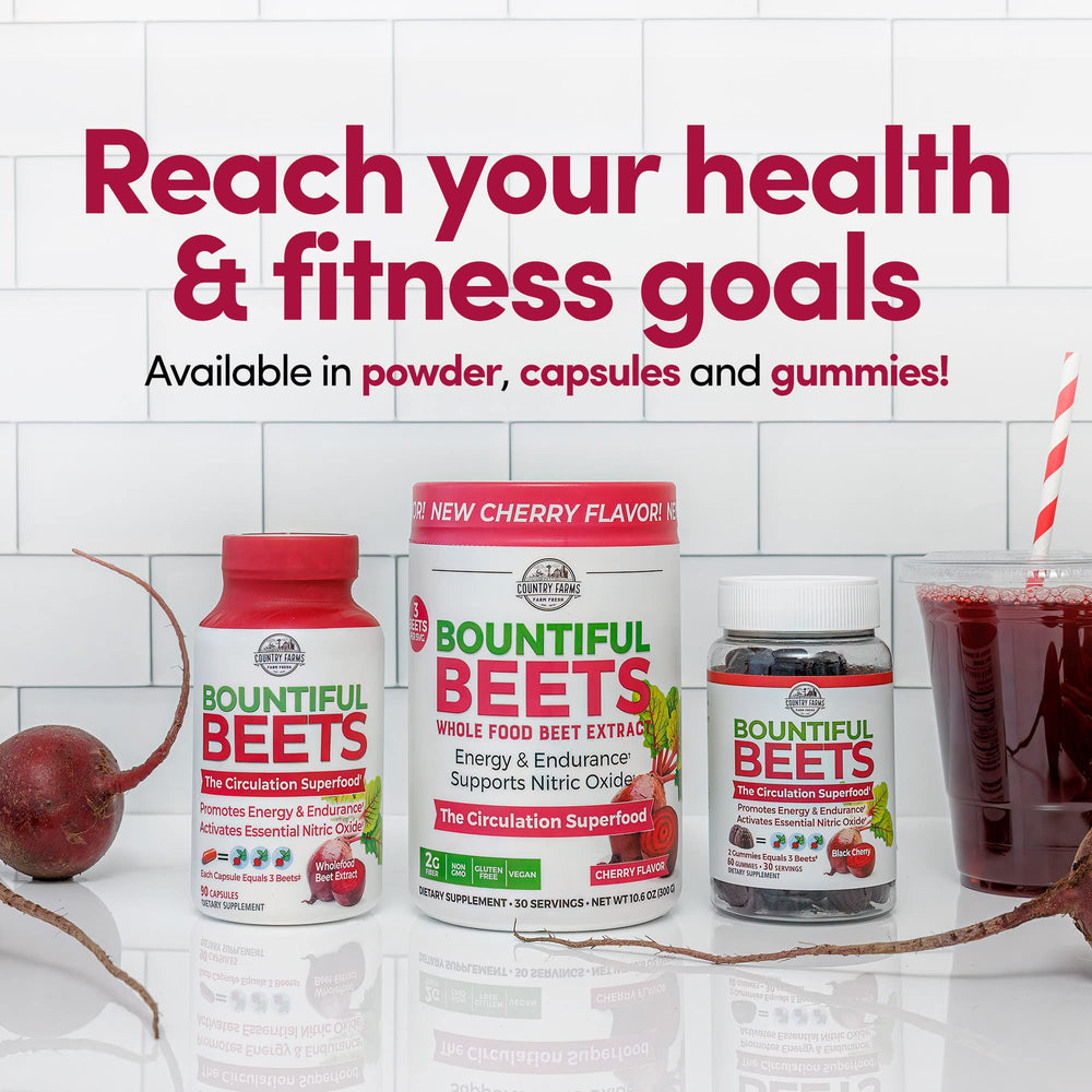 Country Farms Bountiful Beets Powder smoothie idea in a glass, energy boost.