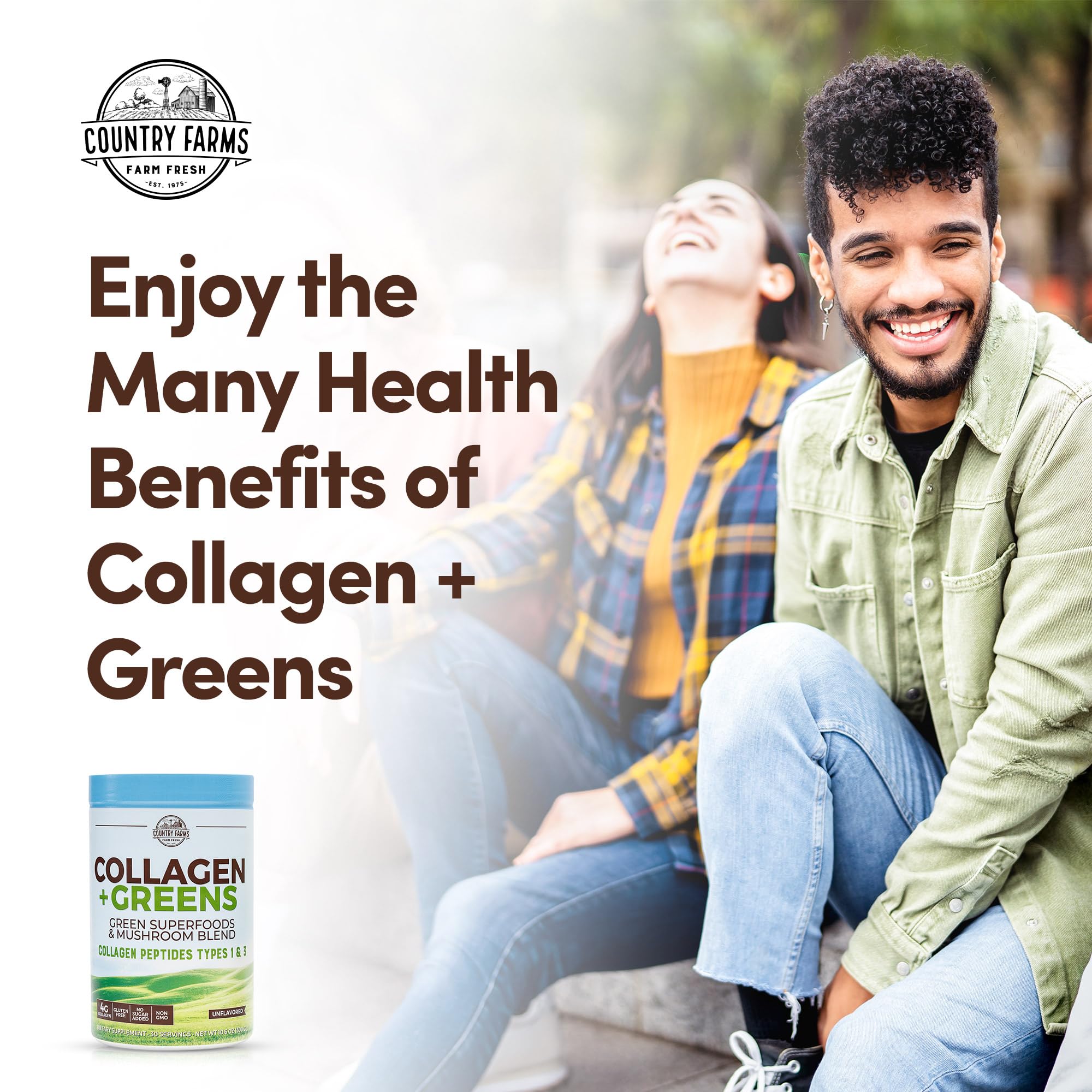 Country Farms Collagen + Greens glow concept highlights skin vitality.