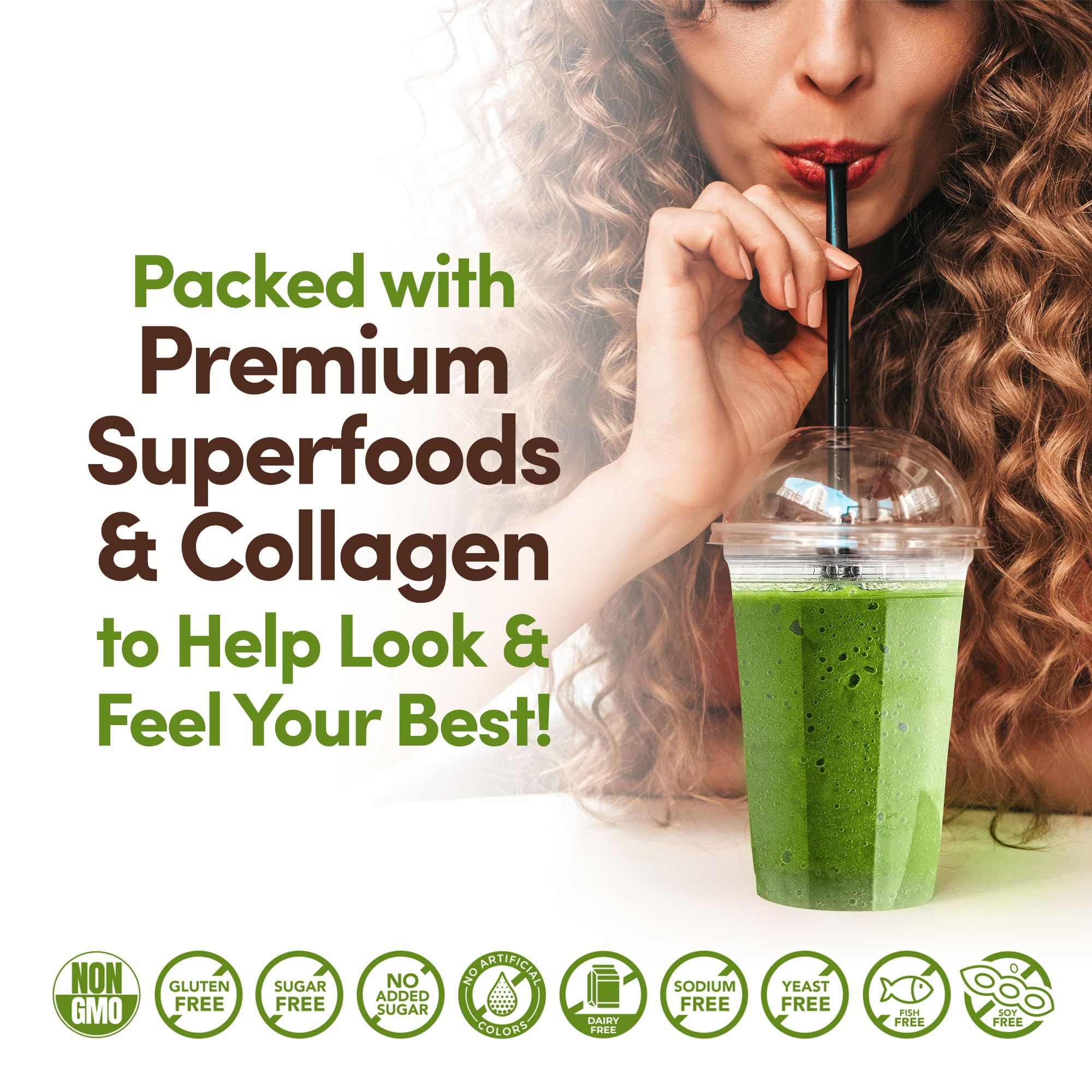 Country Farms Collagen + Greens ingredients display featuring 23 organic superfoods.