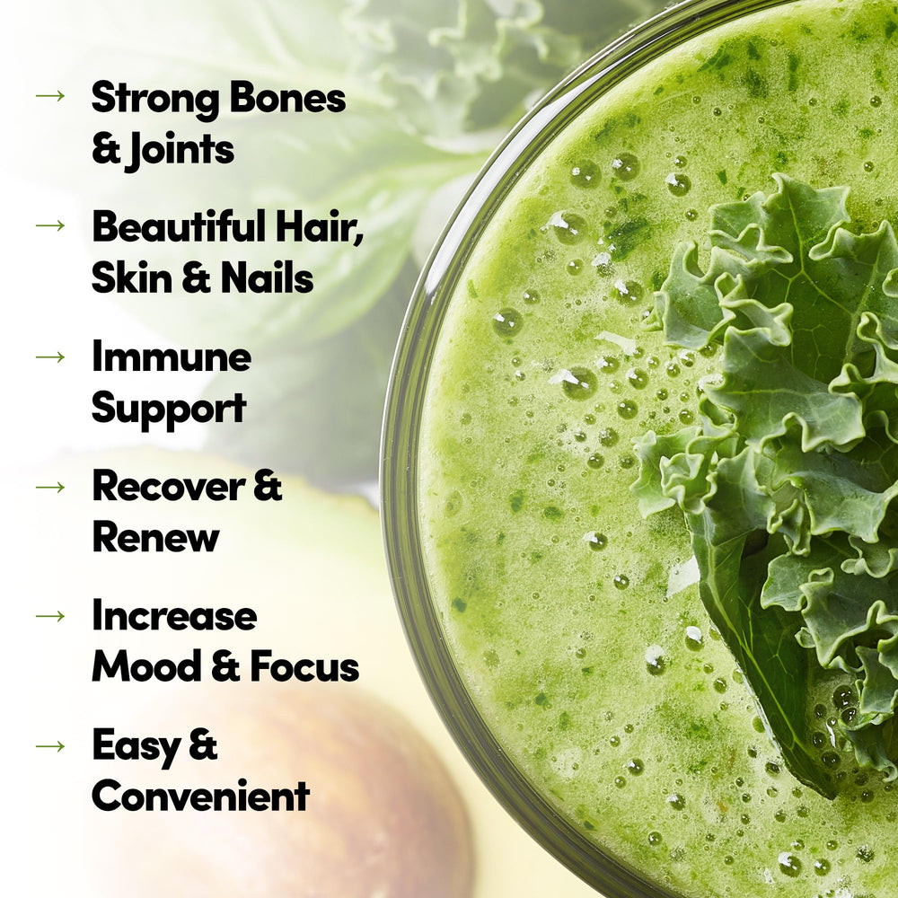 Country Farms Collagen + Greens being poured into water shows quick mix and hydration.