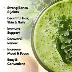 Country Farms Collagen + Greens being poured into water shows quick mix and hydration.