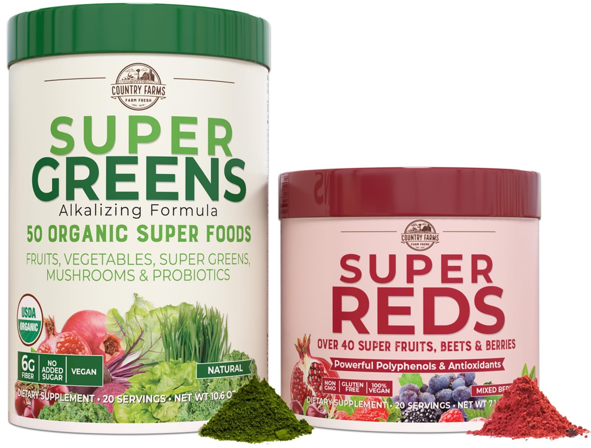 Country Farms Essential Pack Super Greens tub showing vibrant greens for daily vitality