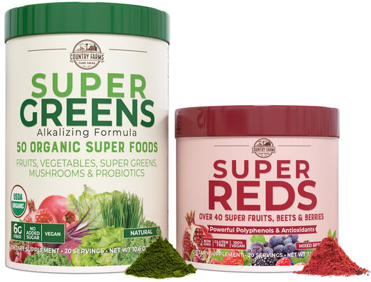 Country Farms Essential Pack Super Greens tub showing vibrant greens for daily vitality