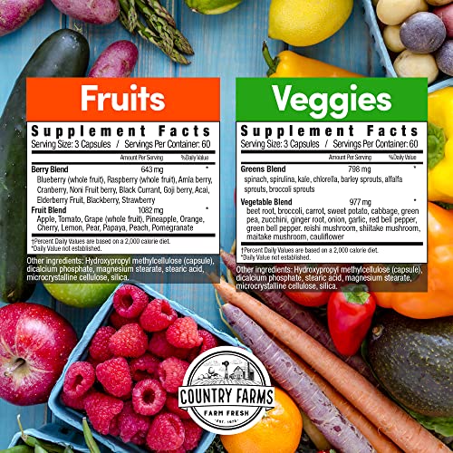Country Farms Fruits and Veggies capsules close-up highlighting easy-to-swallow form for busy lifestyles