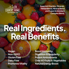 Country Farms Tropical Fruit Flavor liquid multivitamin highlights vegan, gluten-free daily nutrition.