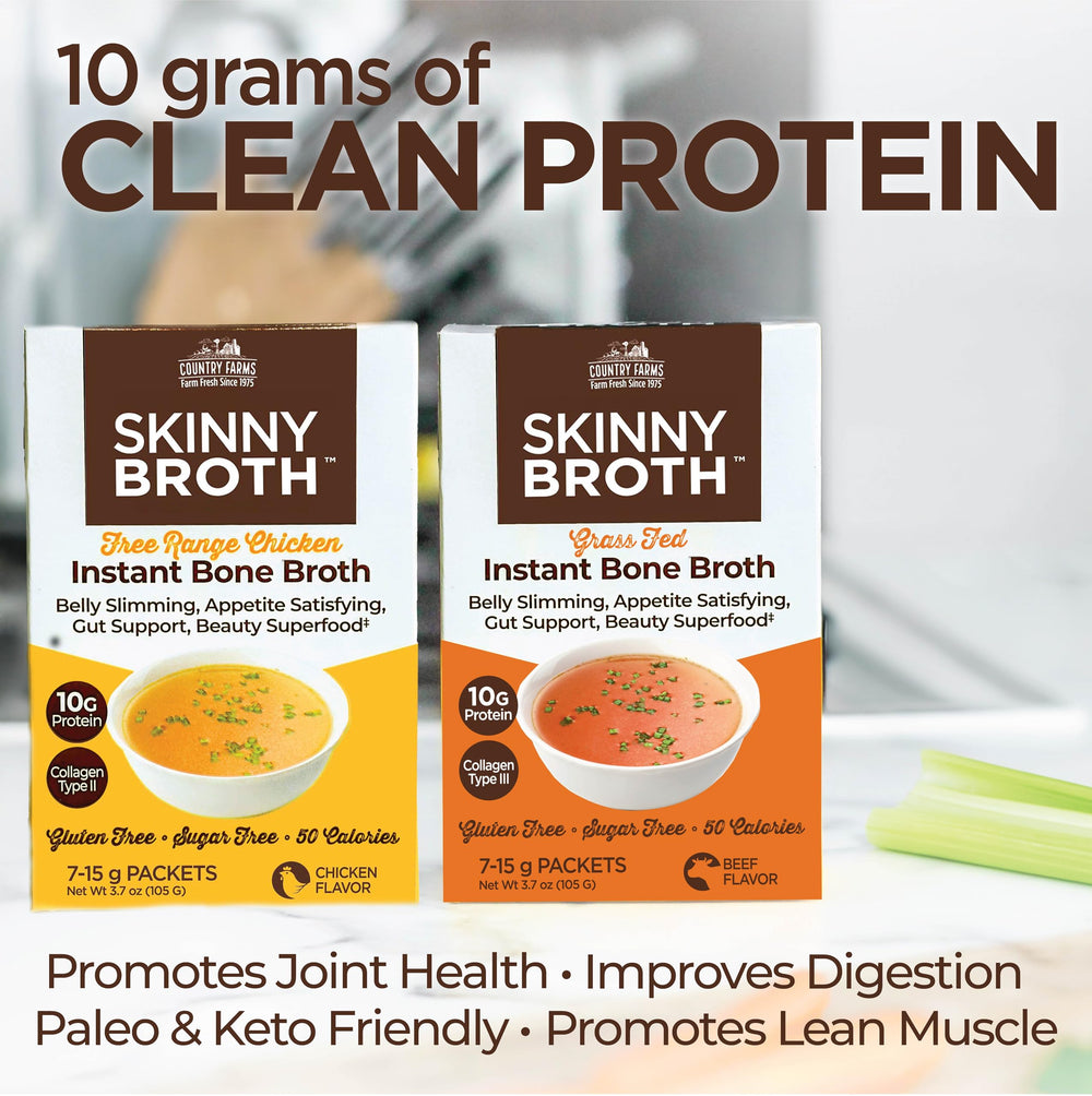 Country Farms Skinny Broth label highlighting 10g protein per serving.