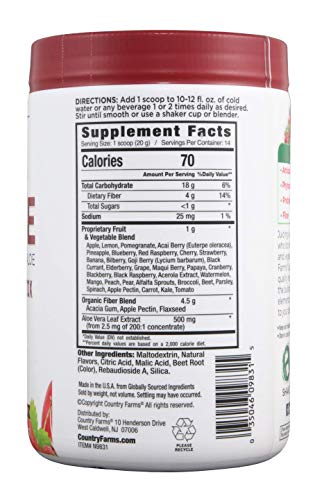 Country Farms Super Cleanse berries and vegetables graphic highlights 34 ingredients.