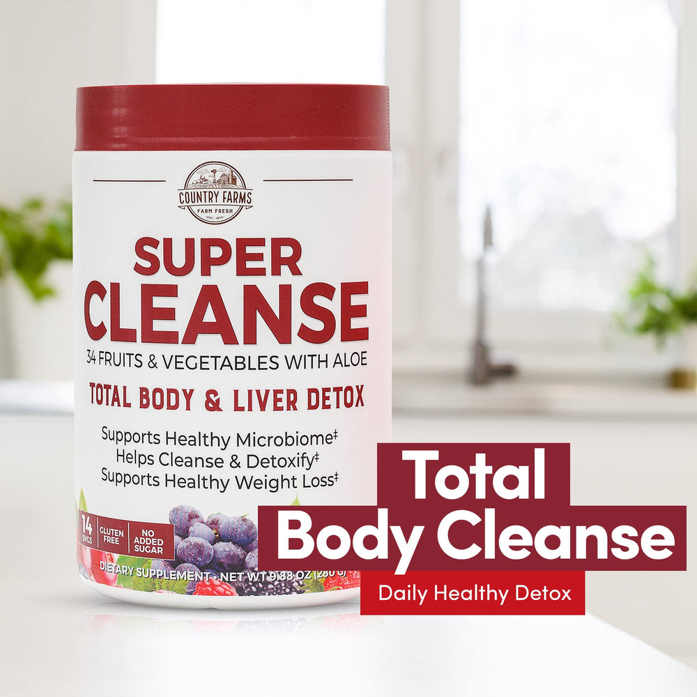 Country Farms Super Cleanse fiber and aloe close-up.