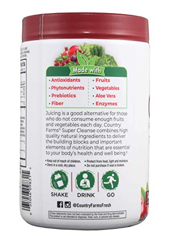 Country Farms Super Cleanse powder dispense illustrates easy daily mixing.