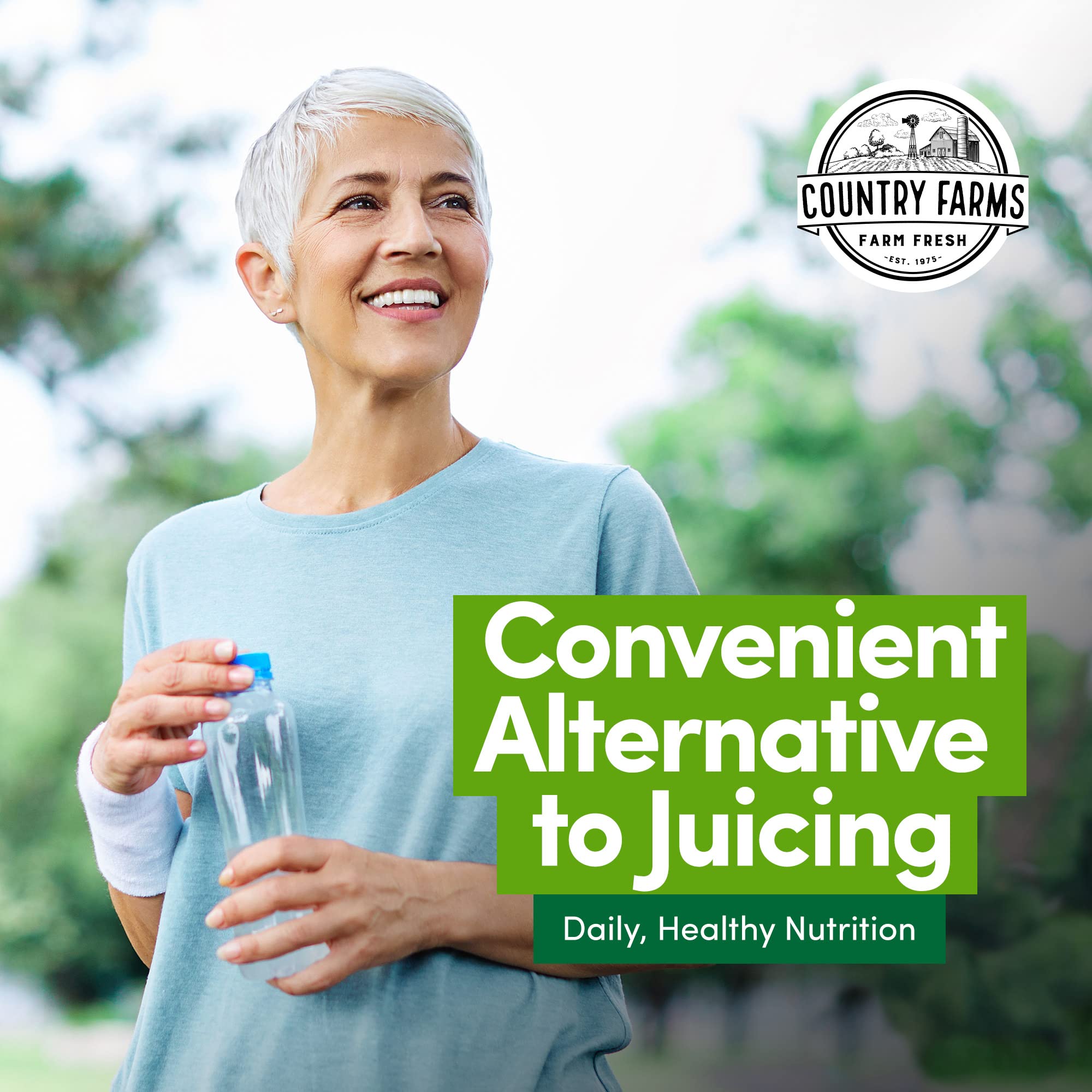 Country Farms bottle in hand illustrates convenient, no-juicing dietary supplement routine.