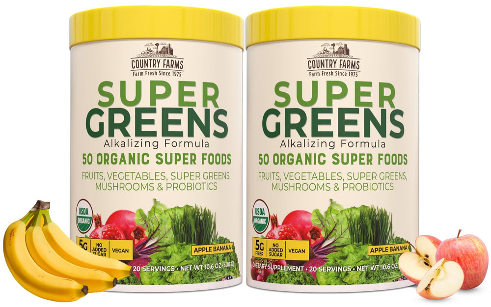 Country Farms Super Greens bottle ready for a quick smoothie boost