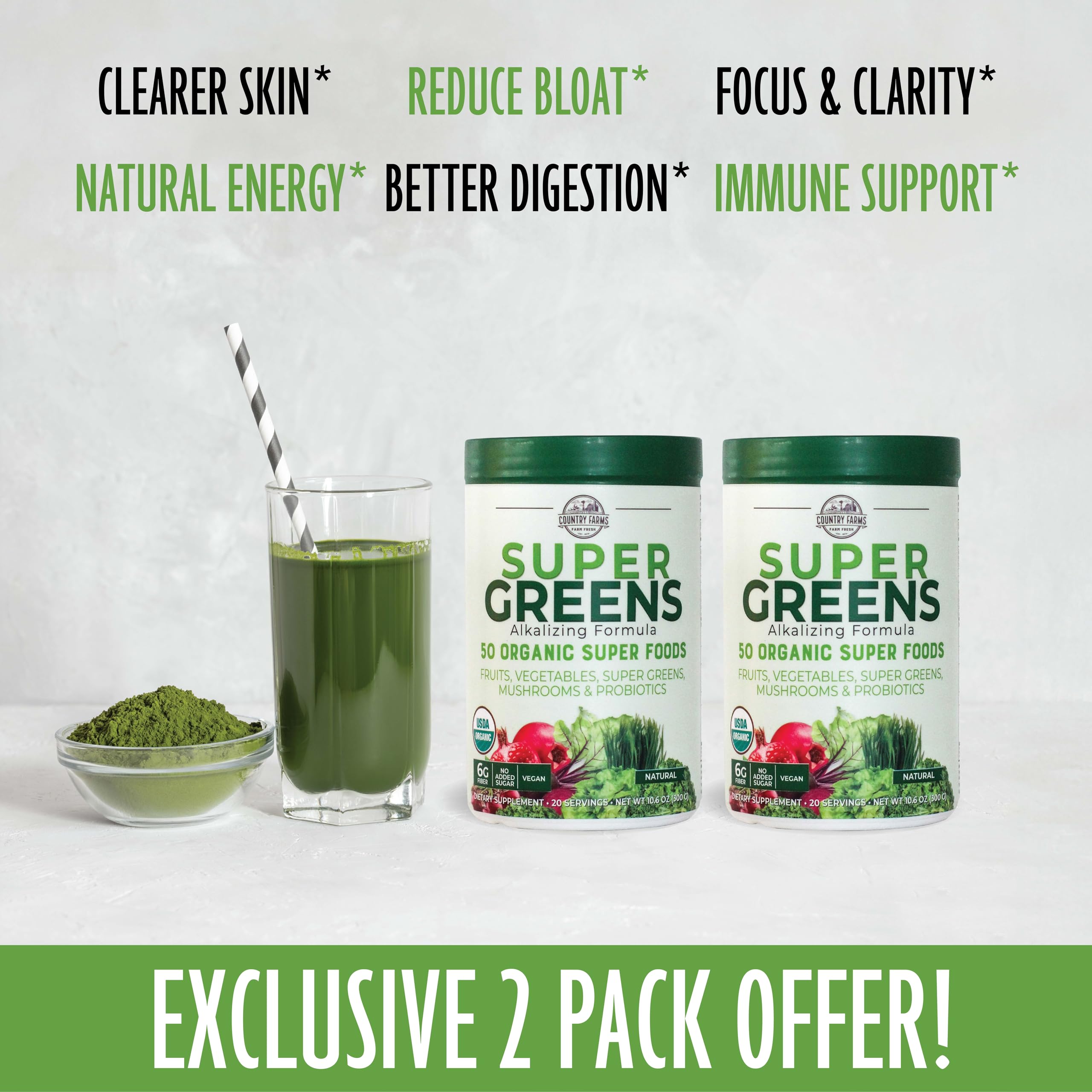 Country Farms Super Greens glass with shake shows convenient nutrition