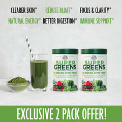 Country Farms Super Greens glass with shake shows convenient nutrition