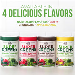 Country Farms Super Greens label emphasizes non-GMO, organic nutrition for daily use