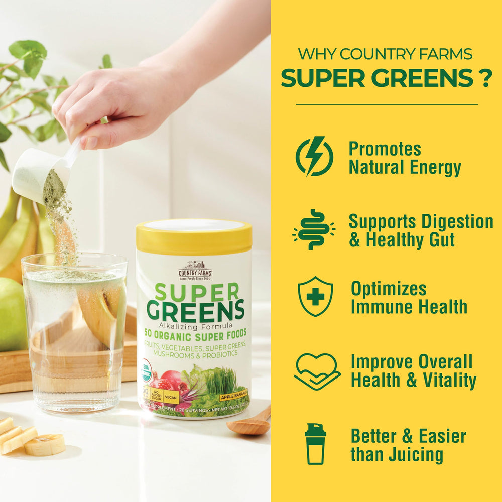Country Farms Super Greens shake glass features a vibrant, energy-boosting smoothie