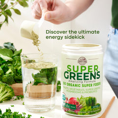 Country Farms Super Greens spoon with serving scoop and fiber