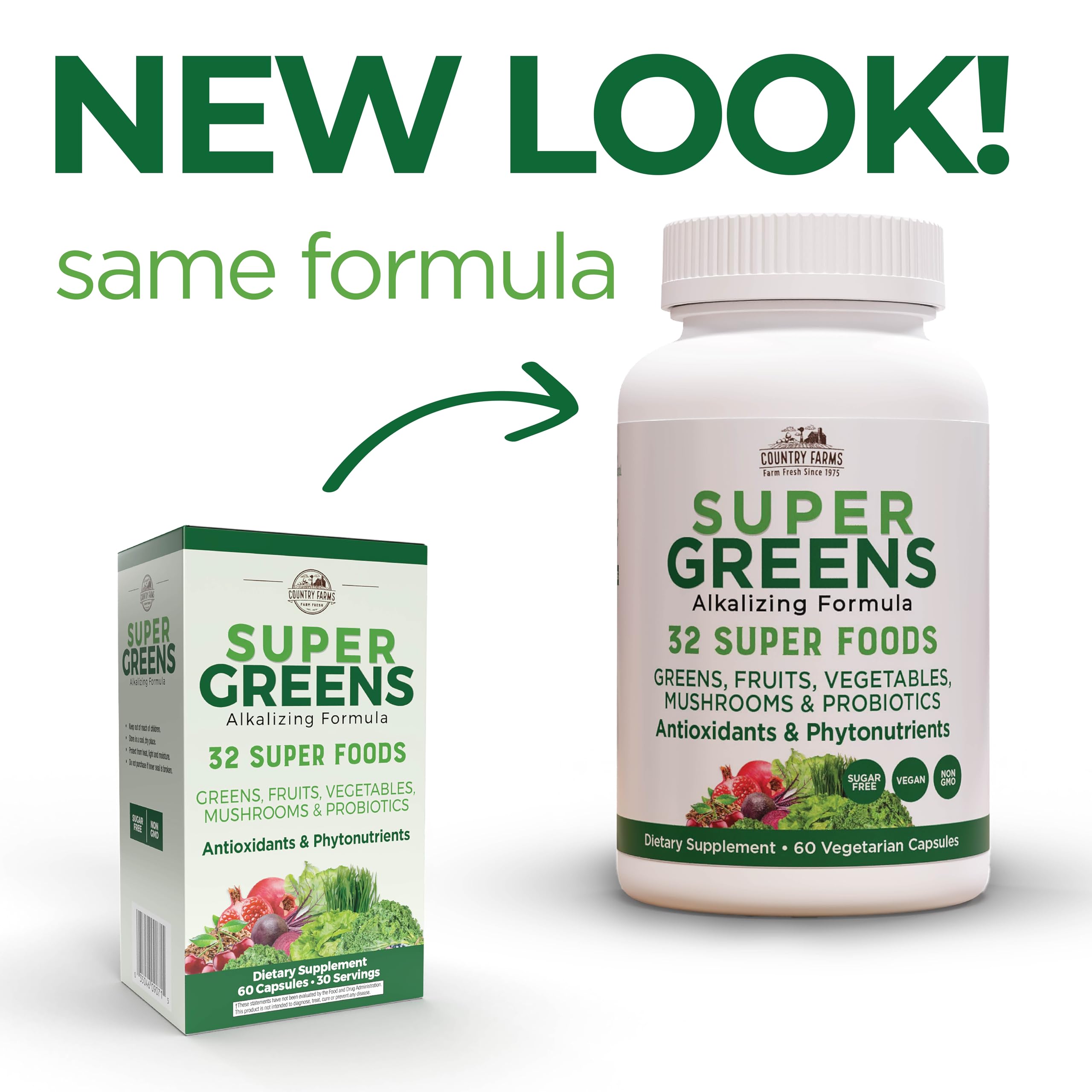 Country Farms VegiCaps ingredients blend with greens, berries and mushrooms.