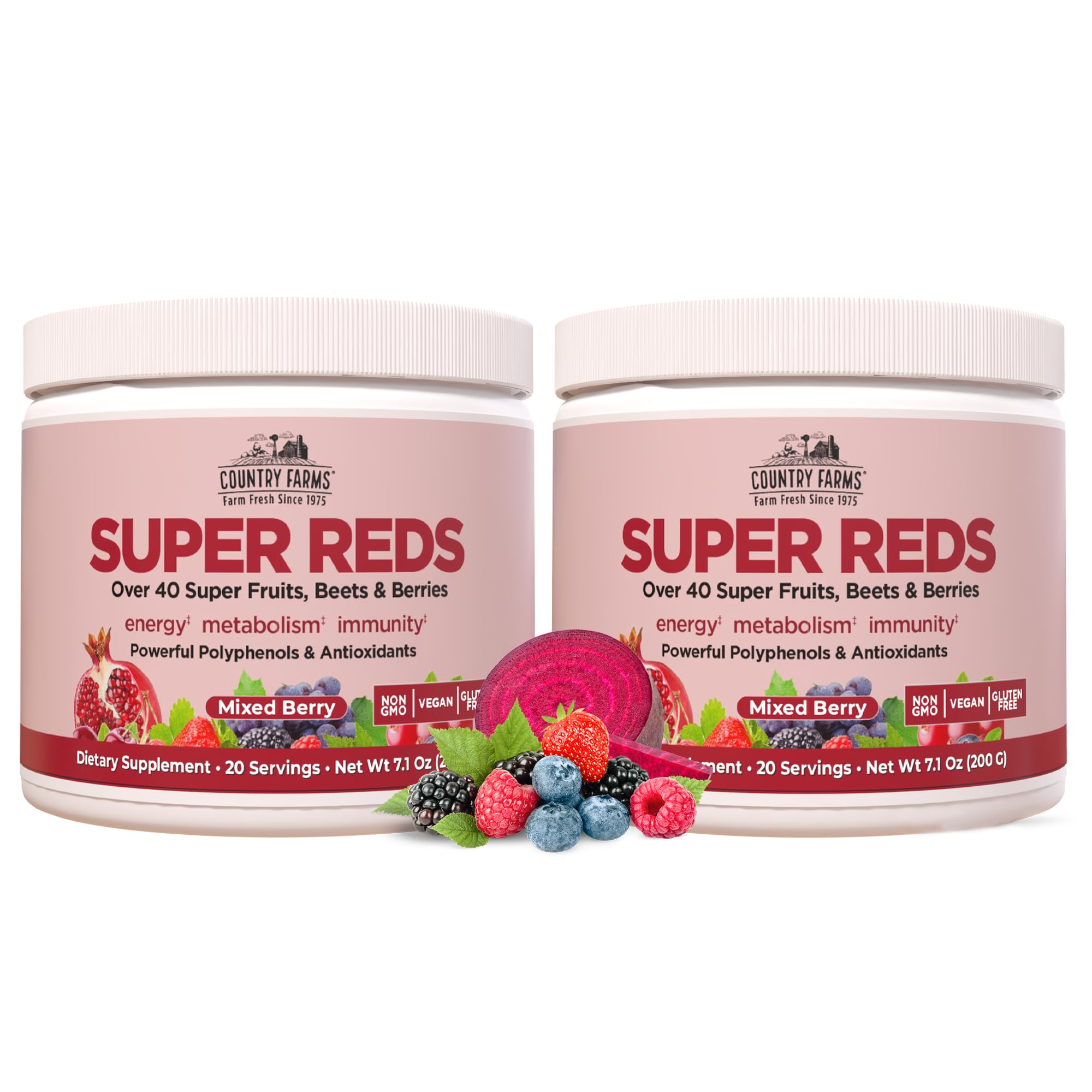 Country Farms Super Reds bottle front showing branding and berry flavor for daily antioxidant support