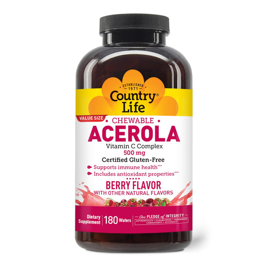 Country Life Acerola Vitamin C Complex bottle front with berry wafers for daily immune support.