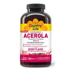 Country Life Acerola Vitamin C Complex bottle front with berry wafers for daily immune support.