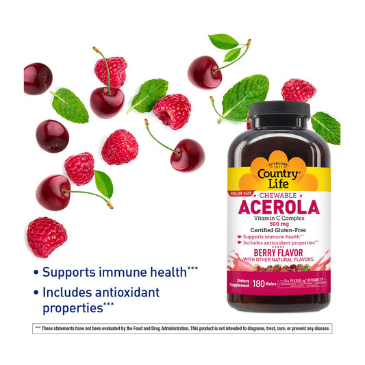 Country Life Acerola Vitamin C Complex back-label close-up highlighting ingredients for immune support.
