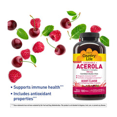 Country Life Acerola Vitamin C Complex back-label close-up highlighting ingredients for immune support.