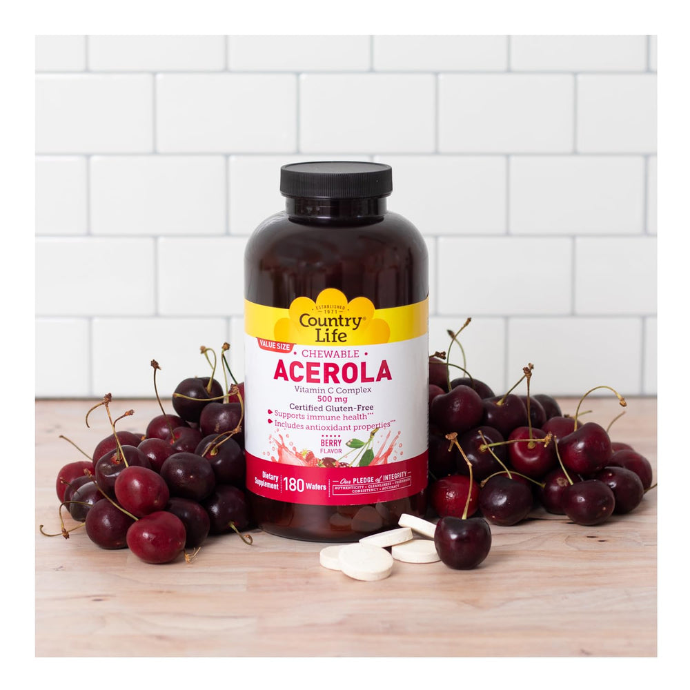 Country Life Acerola Vitamin C Complex serving suggestion with glass of water.
