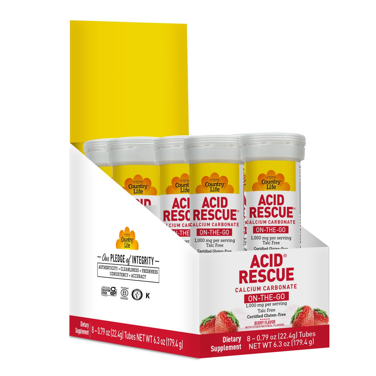 Country Life Acid Rescue bottle front with berry chewables for on-the-go relief