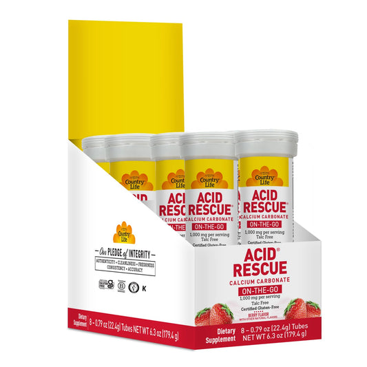 Country Life Acid Rescue bottle front with berry chewables for on-the-go relief