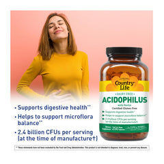 Country Life Acidophilus allergen-free label highlights vegan and gluten-free safety.