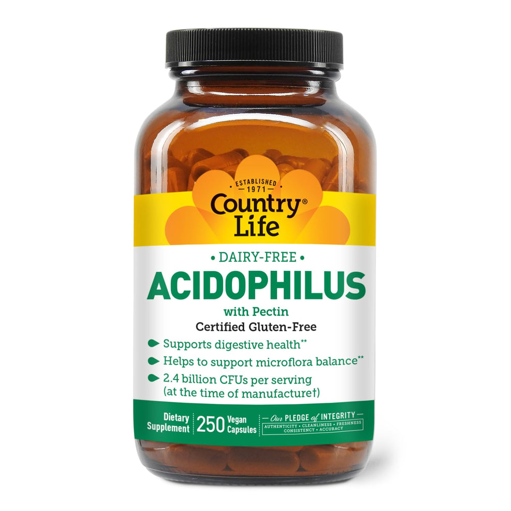 Country Life Acidophilus bottle front - dairy-free probiotic for daily digestive support.