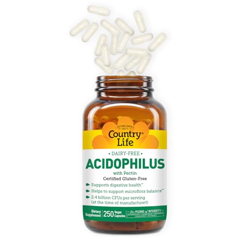 Country Life Acidophilus capsules close-up for easy daily probiotic use.